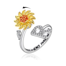 VYYU Fidget Ring with Beautiful Sunflower & Initial Letter ABC to XYZ - You are My Sunshine Anxiety Relief Stress Open Rings | Reliever Spinner Stress Relief Sunflower Gifts for Women Wife Daughter, R