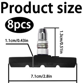 Pack of 8 V-brake shoes, bicycle brake pads, rim brake, replacement brake shoe, 70 mm long, bicycle brake pads, brake shoes bicycle, with bolts, symmetrical thread and mounting material