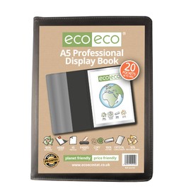 eco-eco A5 50% Recycled 20 Pocket Black Professional Business Display Book, Padded Portfolio Art Folder with Plastic Sleeves, eco142