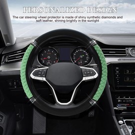 Bling Soft Leather Steering Wheel Cover, 15 Inch Colorful Rhinestones Auto Elastic Steering Wheel Protector for Women Girls, Car Accessories Anti Slip Steering Wheel Cover for Most Cars, SUVs (Green)