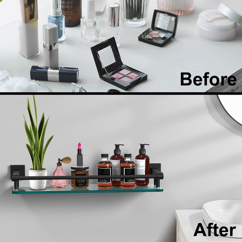 SFGSOWOR Bathroom Glass Shelf 20IN Rectangular Stainless Steel Tempered Glass