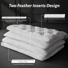 Three Geese Adjustable Layer Goose Feather Down Pillows Queen Set of 2, Assemblable Bed Pillow with Cotton Cover for Side/Back/Stomach Sleepers, Customizable Firmness Design 20x28