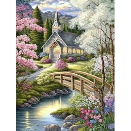 Kaliosy 5D Diamond Art Kits for Adults River Cottage by Number Kits, Diamond Painting Art Landscapes DIY Full Drill Crystal Craft Cross Stitch Embroidery Decoration (12x16 inch) 30x40 cm