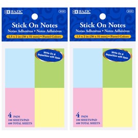 BAZIC 1.5" X 2" Stick On Notes, Bright Assorted Colors Sticky Note Self-Stick Notes Sticking Paper, Post Stickies Colorful Memo Pads, Clean Removal Recyclable (400 Sheets/Pack), 2-Pack
