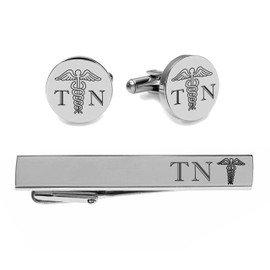 Engraved Silver Caduceus Cufflinks & Tie Clip Set For Doctors - Ships From USA