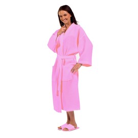 BY LORA Unisex Waffle Kimono Spa Robe – Lightweight, Breathable & Absorbent Cotton Bathrobe for Men & Women – Hotel & Spa-Quality Loungewear with Adjustable Belt & Deep Pockets - Pink - One Size