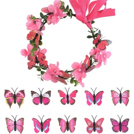 Butterfly Flower for Women Girls Boho Flower Headband Wedding Bridal Floral Headpiece Wreath with Butterfly (Pink, One size)
