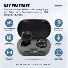 SENTRY OSE Dot Bluetooth Wireless Earbuds, Active Noise Canceling, -20 dB Sound Reduction, Charging Case, Up to 18 Hours Playtime, Button Audio Controls, Built-in Microphone, USB C Cable, Black