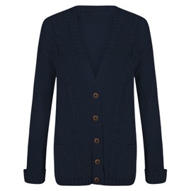Purple Hanger New Womens Everyday Long Sleeve Button Top Ladies Chunky Aran Cable Knit Grandad Cardigan (14-16, Navy)
