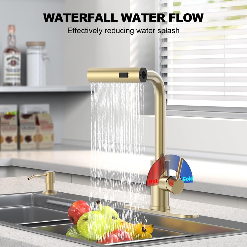 AVSIILE Brushed Gold Waterfall Kitchen Faucets with Pull Down Sprayer
