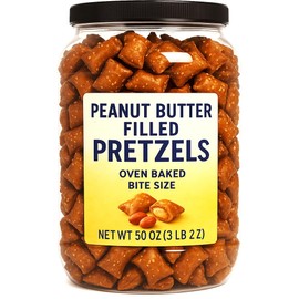 Peanut Butter Filled Pretzels, 50 oz Tub, Oven Baked Bite-Size Snack, Crunchy & Creamy, Salty and Sweet, Resealable Container