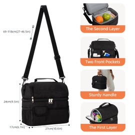 BalladHome Lunch Bag 8L Cooler Bag Insulated Bag Portable Double Compartments Lunch Bag with Adjustable Shoulder Strap for Women Men School Office (Black)