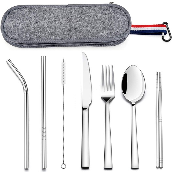 Camping Cutlery, HaWare 8-Piece Reusable Travel Cutlery with Felt Bag, Portable Stainless Steel Cutlery Set with Knife, Fork, Spoon, Metal Straws, Chopsticks, Cleaning Brush, Dark Grey