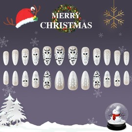 24PCS Christmas Press on Nails White Owl Short Almond - ZWENJIE Winter Cute Glossy Fake Nails French Full Cover Artificial Acrylic False Nail Snowflake Designs Xmas Holiday Glue on Nails Kit for Woman