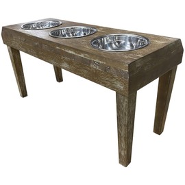 828 Pet Supplies | 3 Bowl Dog Feeder - Aluminum Bowls - Washed Oak Finish - Raised Dog Feeder - Dog Bowls - 16 inch Tall Dog Feeder - Pet Furniture, Brown, L