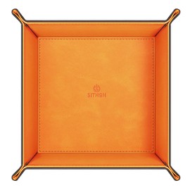 SITHON Valet Tray Desktop Storage Organizer – Premium PU Leather Catchall Tray Bedside Vanity Tray Nightstand Caddy Holder for Remote Controller, Keys, Phone, Wallet, Coin, Jewelry (Orange)