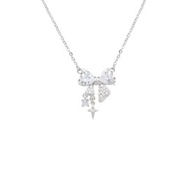 ZZ ZINFANDEL Rhinestone Gold Bow Necklace Dainty Butterfly Choker,Silver Bow Necklace Star Butterfly Pendant Chain,Sparkly Tassel Bow Jewelry For Women (Silver)