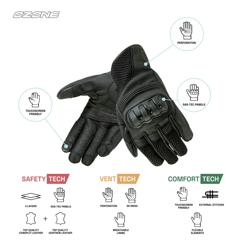 Ozone Town II Leather Motorcycle Gloves for Men SAS-TEC Panels