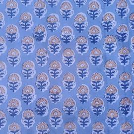 E-Tailor® Hand-Block Printed Pre-Cut Floral Cotton Fabric - Premium Quality & Vibrant Design (Sky Blue, 1 Yard pre-Cut)