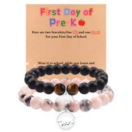 YELUWA 2 Pcs First Day of Pre-K Bracelet Gift Bear Bracelet Set for Mother and Son Natural 8mm Stone Bead Bracelet Mommy and Me Back to School Bracelet Kindergarten School Gift(Pink & Black)