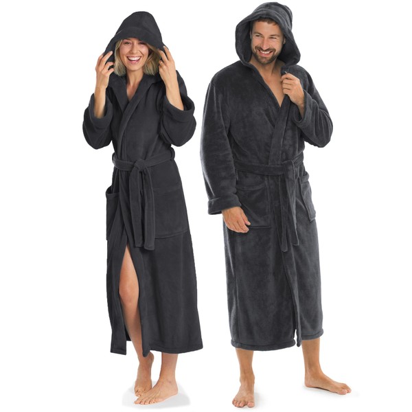 aqua-textil XS-XXXL Bathrobe Hood Plain Long Patch Pockets Women Men Unisex Microfibre Cuddly Fleece Oeko-Tex, charcoal