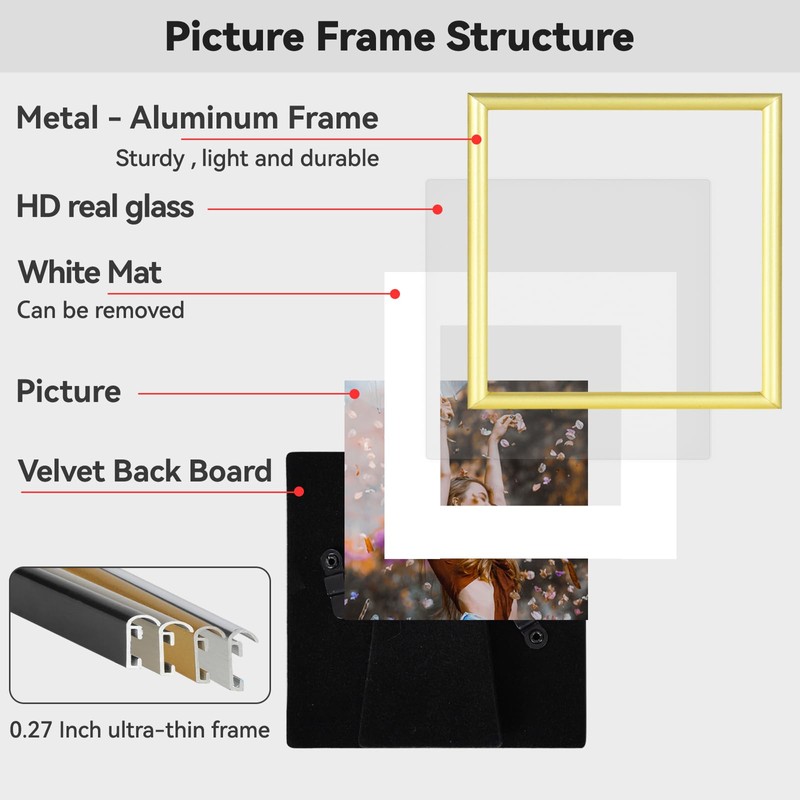 6x6 Picture Frame, Gold Aluminum Metal Square Photo Frame with