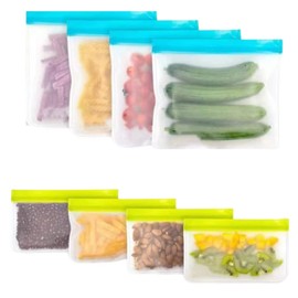 Reusable Food Storage Bags (8pack) BPA Free Flat Freezer Bags ( 4 Leak-Proof Reusable Sandwich Bags + 4 Food Grade Kids Snack Bags) for Meat Resealable lunch bags for fruits and vegetables