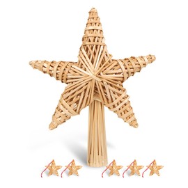 Christmas Tree Topper Star Made of Straw, Christmas Tree Topper Star, Christmas Handmade Straw Star Lace Large with 5 Mini Straw Star for Christmas Tree Decorations
