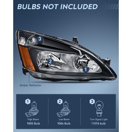 Nilight Headlight Assembly for 2003 2004 2005 2006 2007 Accord Replacement Headlamp Black Housing Amber Reflector