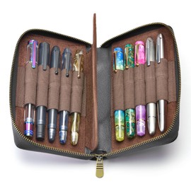 Cowhide Leather Case 10 Pens Fountain Pen Storage Case Leather Pen Case, black, Zipper