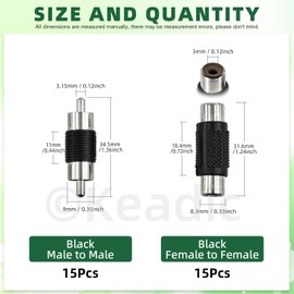 Keadic 15Pcs RCA Female to RCA Female Coupler and15Pcs RCA Male to RCA Male Coupler,Compatible with Phono,Speaker,RCA Cable, Audio RCA Plug for Amplifier, Subwoofer, Mixer (Black)