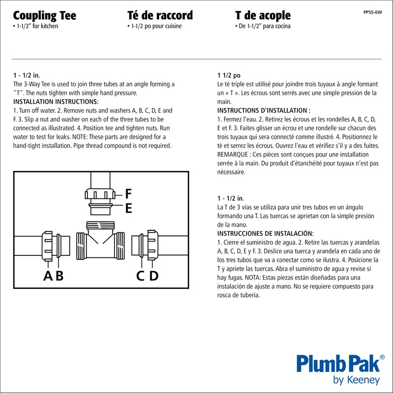 Plumb Pak PP55-6W 3-Way Drain Coupling Tee with Reducing Washer,