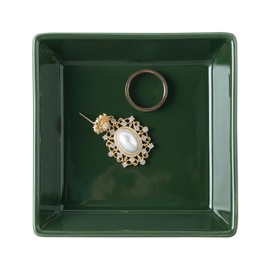 QNMUSUNC Ceramic Ring Dish, Jewelry Dish Holder, Small Trinket Tray Plate for Earrings Rings Necklaces Keys, for Mom Friend Sister (Dark Green Surface)