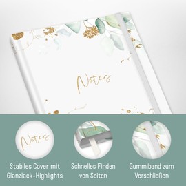 Trendstuff by Häfft Notebook A5+ Squared with Elastic Band [Gold Leaf], 156 Pages, 78 Sheets, Bullet Journal, Notebook, Sustainable and Climate Neutral