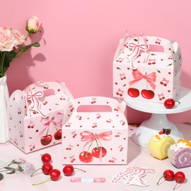 Pineraap 12 Pieces Cherry Party Favor Boxes, Pink Bow Cherry Treat Boxes Coquette Candy Goodie Boxes with Gift Tags for Birthday Wedding Bachelorette Baby Shower Party Supplies, 6.3 x 3.7 x 3.7 In