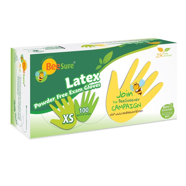 BeeSure BE2815 Latex Powder Free Exam Gloves, X-Small (Pack of