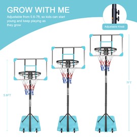 AOKUNG Teenagers Youth Height Adjustable 5.6 to 7ft Basketball Hoop 28 Inch Backboard Portable Basketball Goal System with Stable Blue Base and Wheels, use for Indoor Outdoor