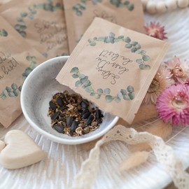 Dein Gastgeschenk Pack of 20 – Wonderful Wedding with Flower Seeds with Eucalyptus Motif – Schön, dass Du da bist – Great Communion, Confirmation, Christening and Birthday