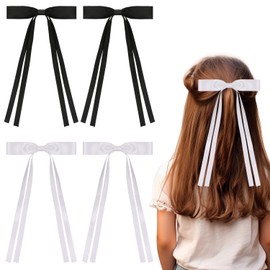 Satin Bows Hair Clips with Ribbon,UHOMENY 4PCS Cute Satin Hair Bows Hair Barrette Clips with Bow Long Ribbon Hair Ties Hair Accessories Colorful Hair Pins Ponytail Holder (Black, White)