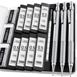 Four Candies 0.5mm Mechanical Pencil Set with Case, Metal Artist Pencil with 8 Tubes (480pcs), HB Leads, 3 Erasers, 9 Eraser Refills Engineers, Writing, Drawing, Silver
