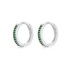 WOVEE 1 Pair of Small Creole Earrings 10 mm Silver Stud Green Zirconia, Cubic Zirconia