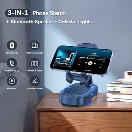 Cell Phone Stand with Wireless Bluetooth Speaker, Unique Gifts for Men/Women, Adjustable Phone Holder with 5 LED Light Modes, Anti-Slip Base HD Surround Sound, Compatible with iPhone/iPad, Blue