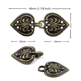 Bezelry 6 Pairs Baroque Spade Hook and Eye Cloak Clasp Fasteners 48mm x 19mm Fastened. (Antique Brass)