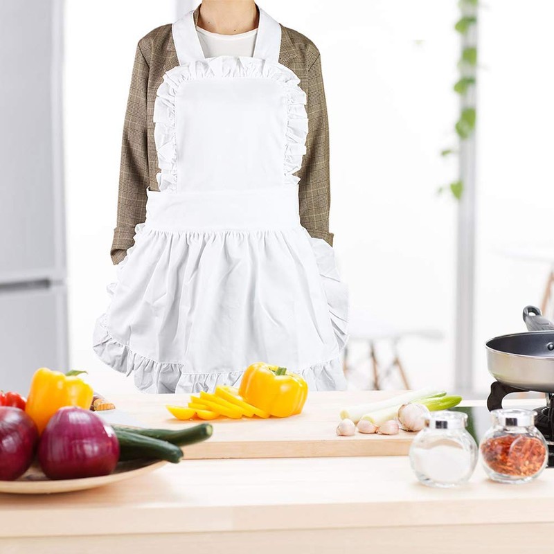Nikou Ruffle Cooking Apron Women's Kitchen Apron Short White Adjustable