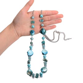 Women's Long Pearl Necklace, Statement Boho Silver Metal Necklace, Wedding Anniversary Fashion Jewellery, Gifts, Jumper, Necklace for Women, Resin Glass Pearl,