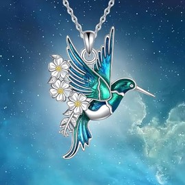Hummingbird Pendant Necklace, Sterling Silver with Teal Enamel and White Floral Accents
