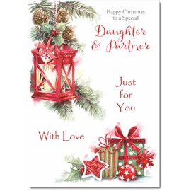 doodlecards Daughter and Partner Christmas Card Lamp and Parcels Medium Size Christmas Card for Daughter & Partner with Plain Envelope