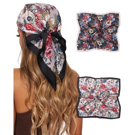 CHLINS 2 Pcs 27.5” Head Scarf for Women Satin Hair Scarf Silk Scarf Neck Scarf Square Hair Bandanas Hair Wraps (Rose(Black+White))