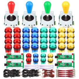 Fosiya 4 Player LED Arcade Kit Ellipse Oval Style Joystick USB Encoder to PC Games DIY Controllers Bat Joystick 4 Colors LED Arcade Buttons for All Windows PC MAME Raspberry Pi