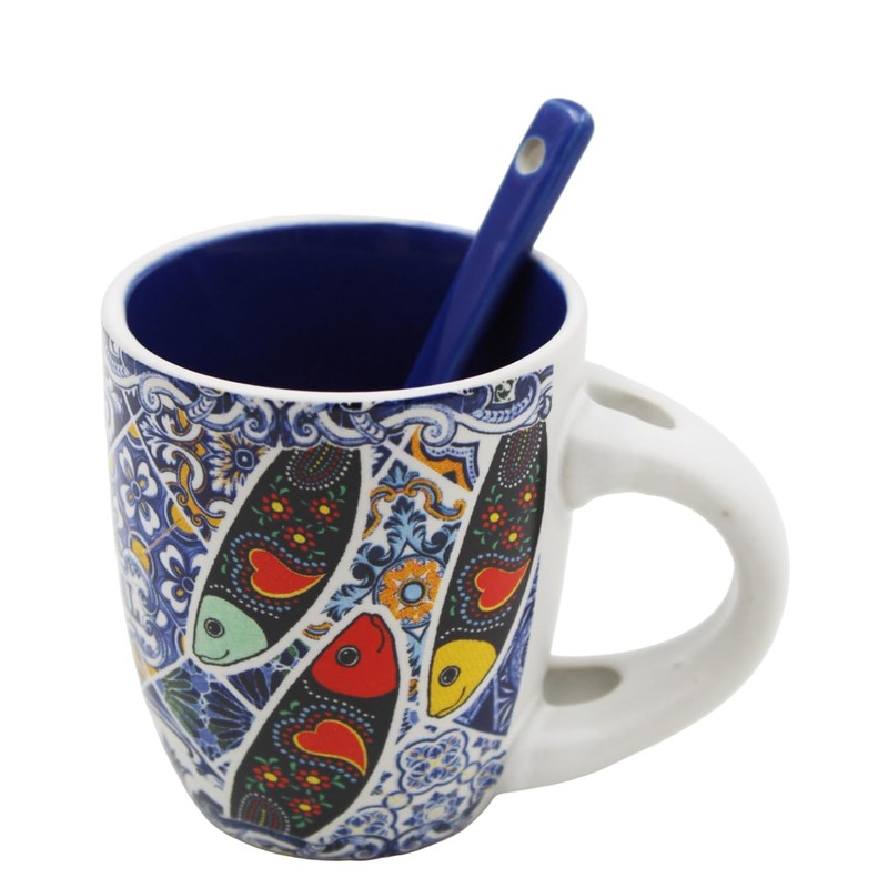 Portuguese Rooster Sardine Azulejo Ceramic Espresso Set - With Spoon